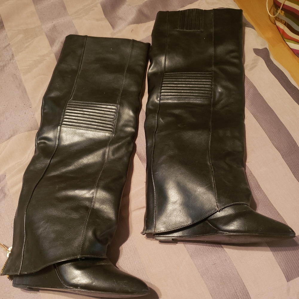 Black wedge knee high boots